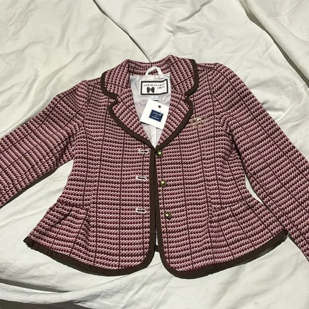 Janie & Jack 4 raspberry brown plaid brass like button blazer jacket nwt